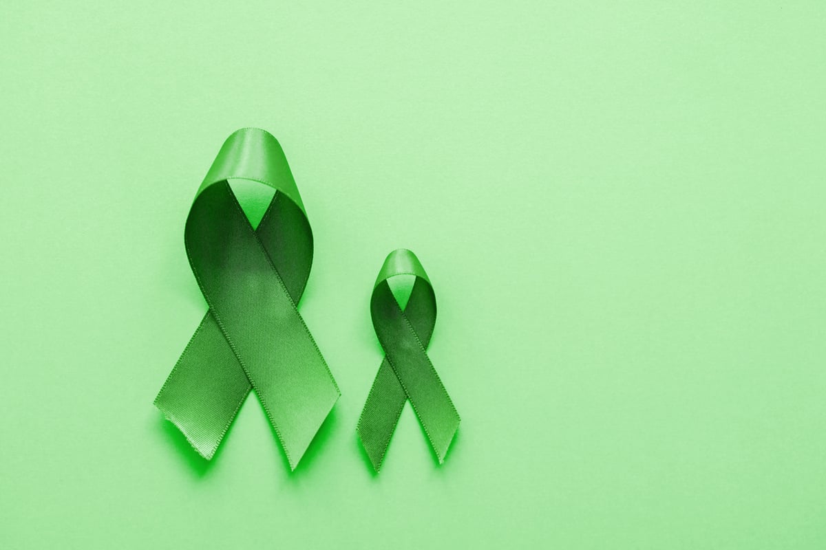 Lime Green Ribbons on green background, Mental health awareness and Lymphoma Awareness, World Mental Health Day